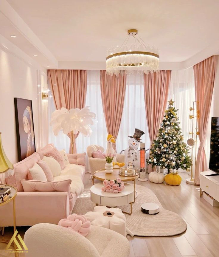 Mẫu phòng khách màu hồng ngọt ngào và tinh tế nhất 2023